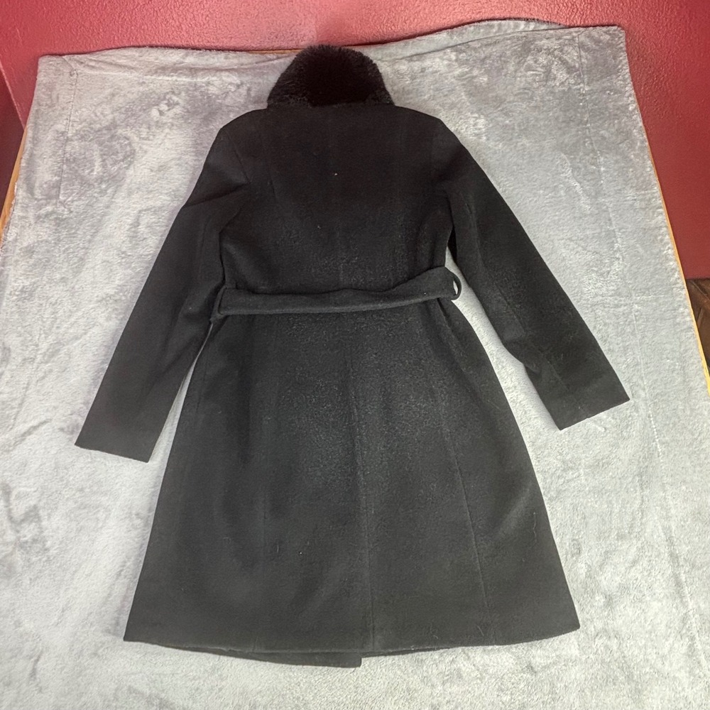Lauren Ralph Lauren Trench Coat Women 4 Black Wool Blend Faux Fur Collar Belted - Picture 4 of 11
